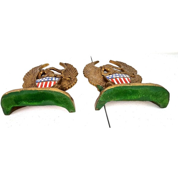 Vintage Cast Iron Eagle Gold Enamel Bookends #665 E Pluribus Unum Brass Flag - Picture 5 of 9